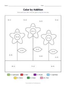 Color by addition to 10: flowers printable worksheet for kindergarten and grade 1