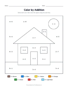 Color by addition to 10: house printable worksheet for kindergarten and grade 1
