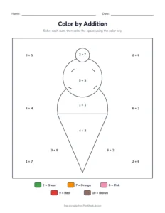 Color by addition to 10: ice cream printable worksheet for kindergarten and grade 1