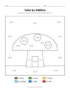 Color by addition to 10: mushroom house printable worksheet for kindergarten and grade 1