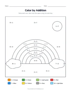 Color by addition to 10: rainbow printable worksheet for kindergarten and grade 1
