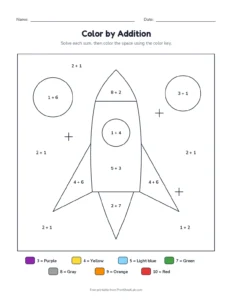 addition color by number: rocket with sums to 10