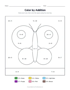Color by addition to 20: butterfly printable worksheet for grades 1 and 2