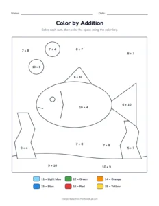 Color by addition to 20: fish printable worksheet for grades 1 and 2