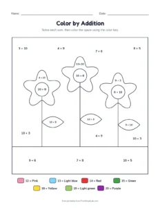 Color by addition to 20: flowers printable worksheet for grades 1 and 2