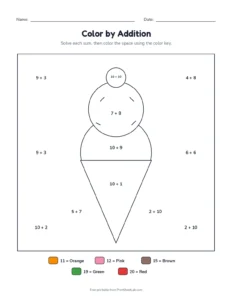 Color by addition to 20: ice cream printable worksheet for grades 1 and 2