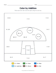 Color by addition to 20: mushroom house printable worksheet for grades 1 and 2