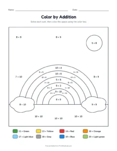 addition color by number worksheets: rainbow to 20