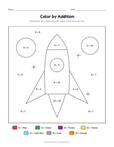 Color by addition to 20: rocket printable worksheet for grades 1 and 2