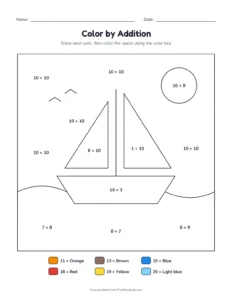 Color by addition to 20: sailboat printable worksheet for grades 1 and 2