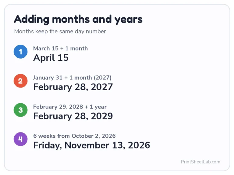 Date calculator add days, months and years: January 31 plus one month is February 28