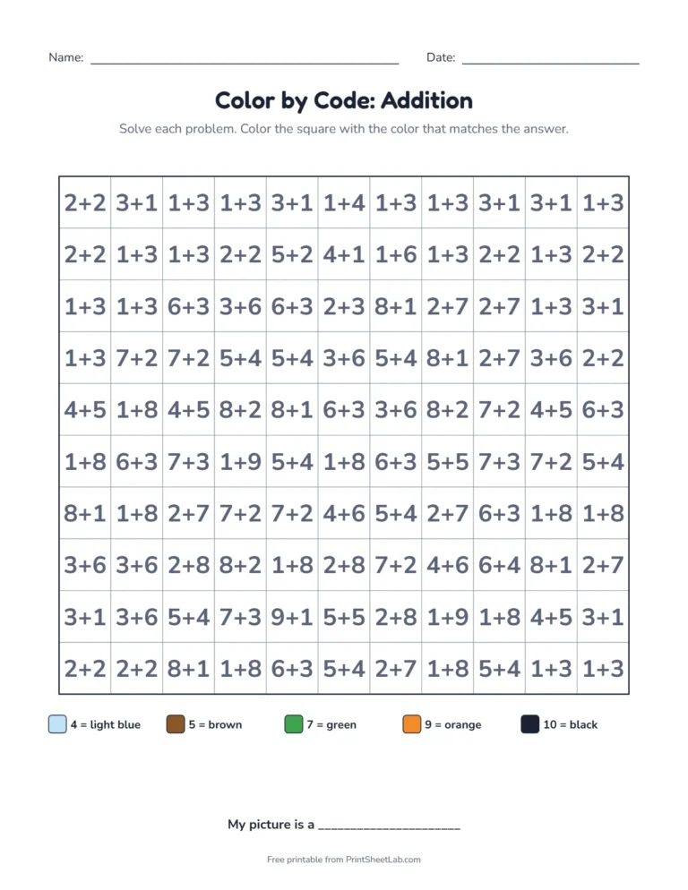 Addition color by code pixel art worksheet: solve facts to 10 to reveal a mystery picture