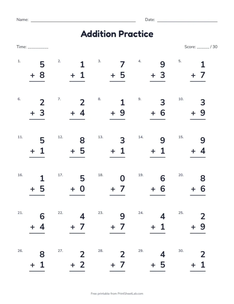 Addition facts worksheet with 30 single-digit problems and time and score boxes