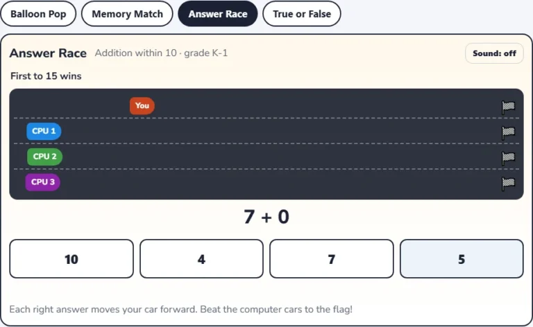 Adding to 10 game: Answer Race with the player car ahead of three computer cars