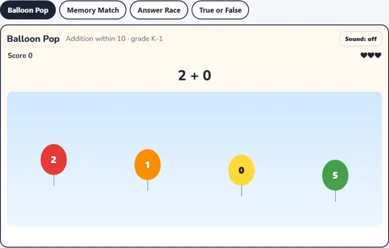 Addition within 10 game Balloon Pop with balloons showing possible answers to a sum