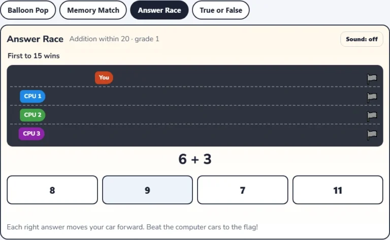 Addition within 20 game Answer Race with the player car ahead of three computer cars