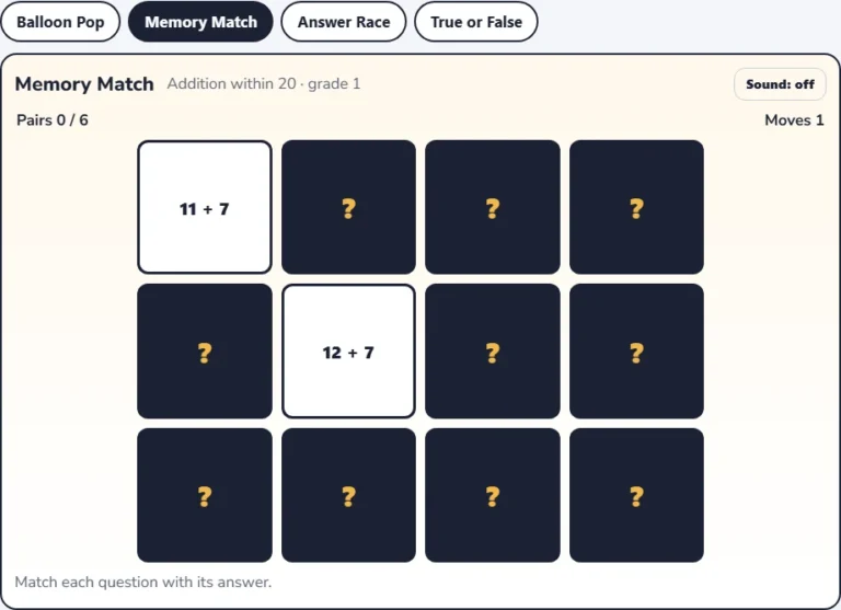 Addition facts to 20 Memory Match with two cards flipped