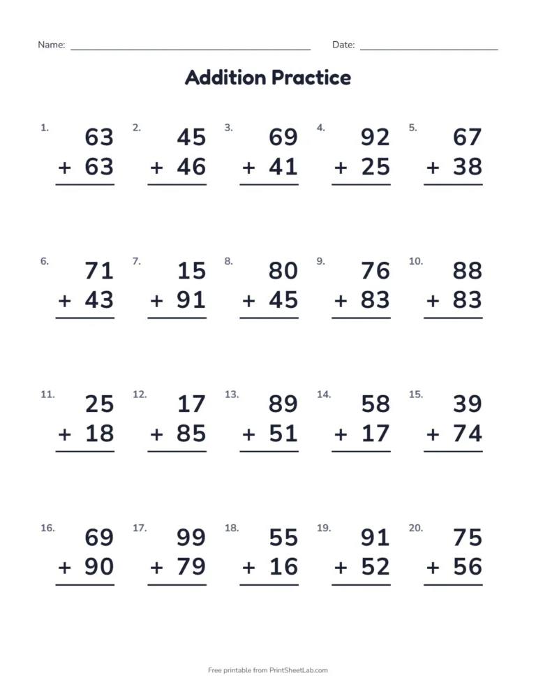 Free printable addition worksheets: 20 two-digit problems that all need regrouping, with a name line
