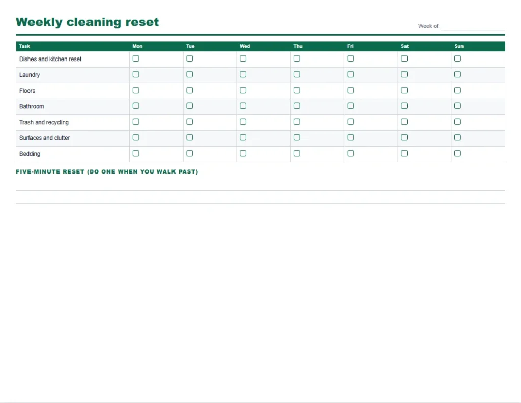 ADHD cleaning planner printable weekly reset with tasks down the side, seven days across and a box for each day
