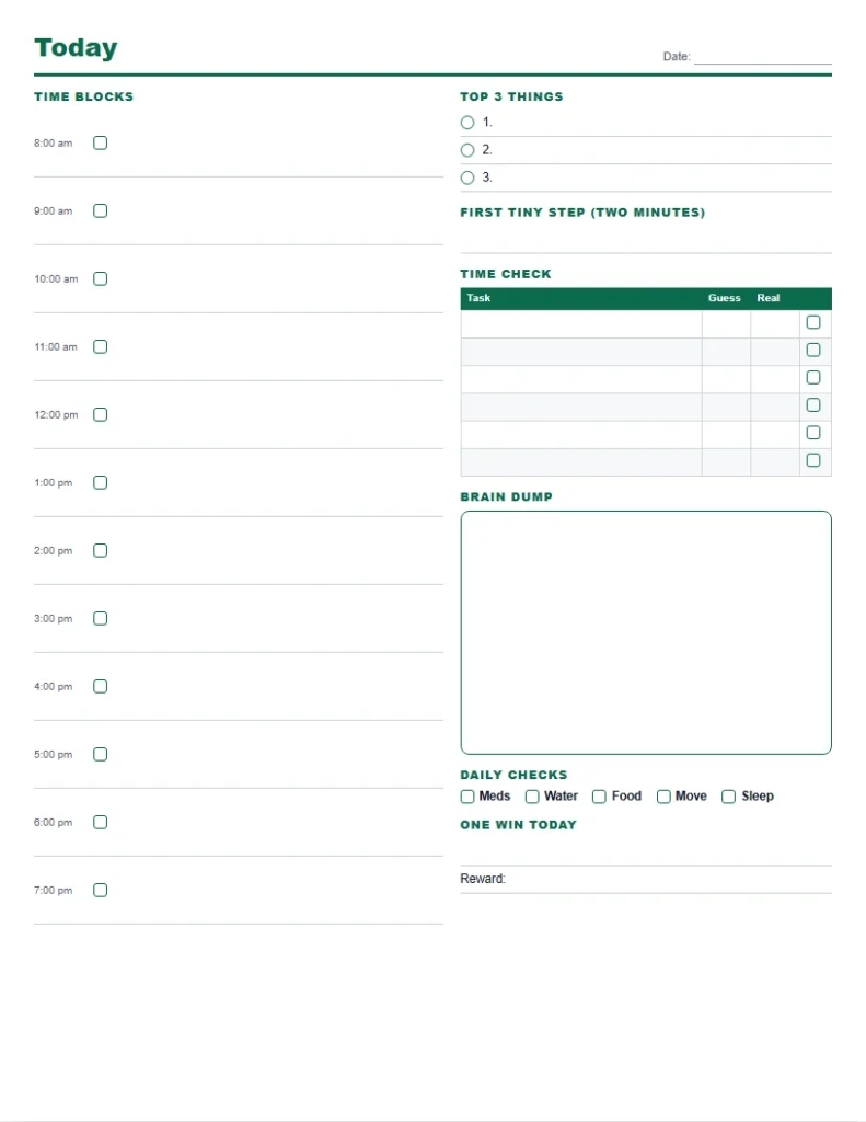 ADHD planner printable daily focus page with time blocks, top 3 things, first tiny step, time check table, brain dump and daily checks