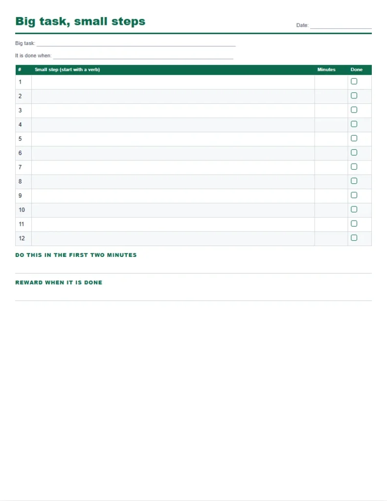 ADHD planner printable big task in small steps page with numbered steps, minutes and done boxes