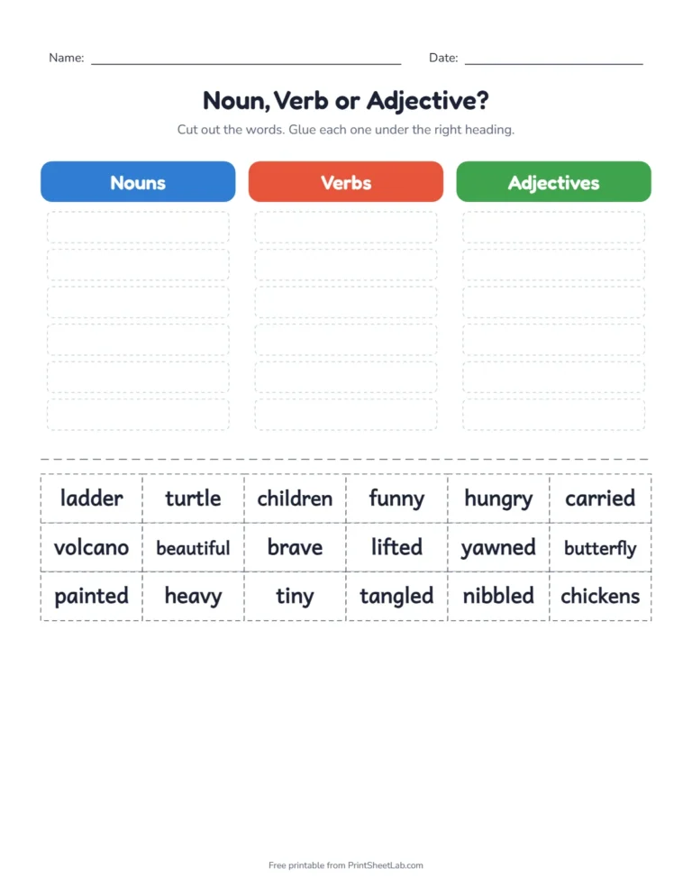 Adjectives worksheets for kids: cut out words and glue them under noun, verb or adjective