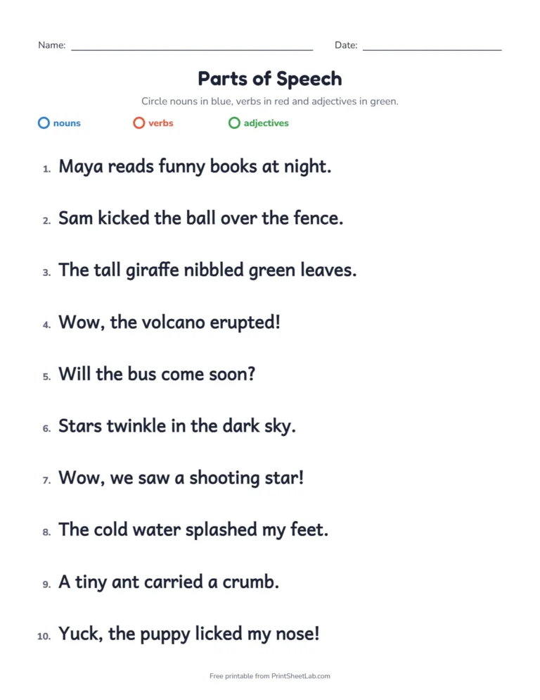 Describing words worksheet: circle adjectives in green, nouns in blue and verbs in red
