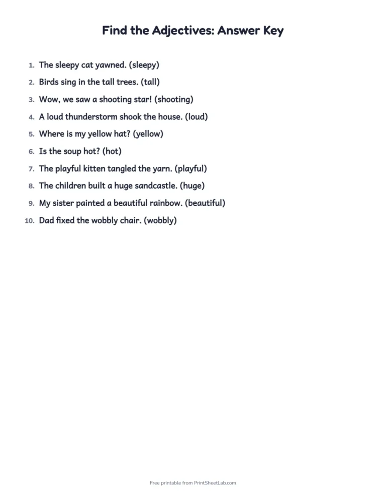 Adjectives worksheet answer key listing the adjectives in each sentence