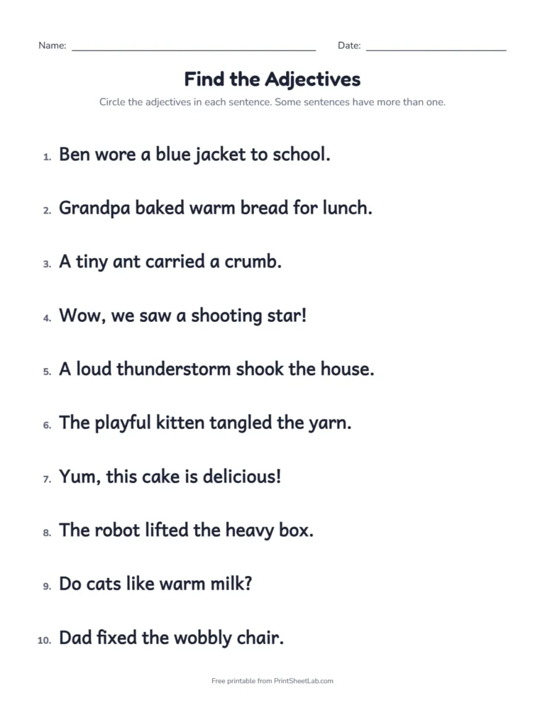 Adjectives worksheet printable: circle the adjectives in ten sentences