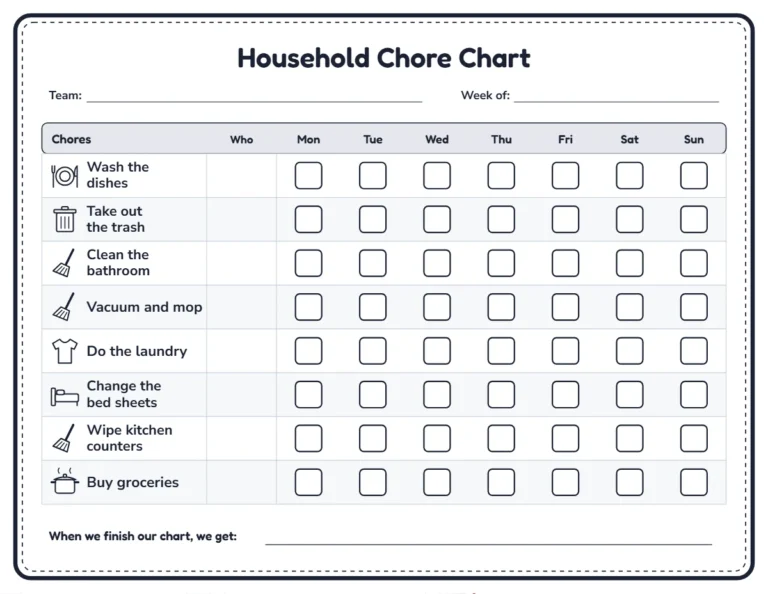 Household chore chart for adults and housemates, black and white