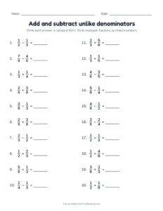 Add and subtract unlike denominators (Set B) printable worksheet for grade 5