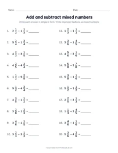 Add and subtract mixed numbers printable worksheet for grades 5 and 6