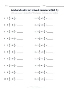 Add and subtract mixed numbers (Set B) printable worksheet for grades 5 and 6