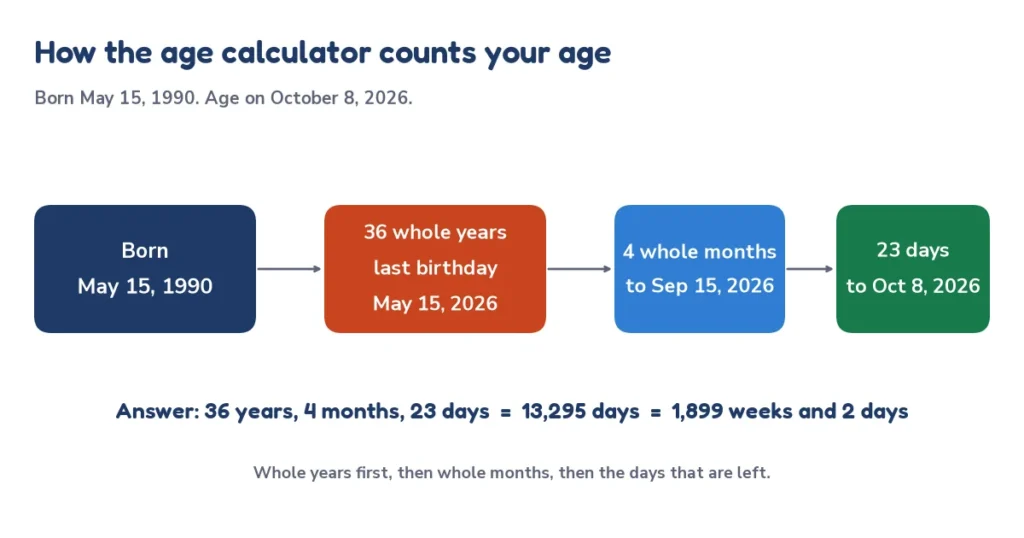 Age calculator diagram: whole years, then whole months, then leftover days from a date of birth