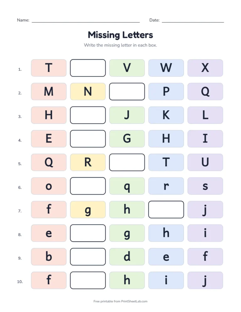 Missing letters worksheet: fill in the gaps in ABC order, uppercase and lowercase