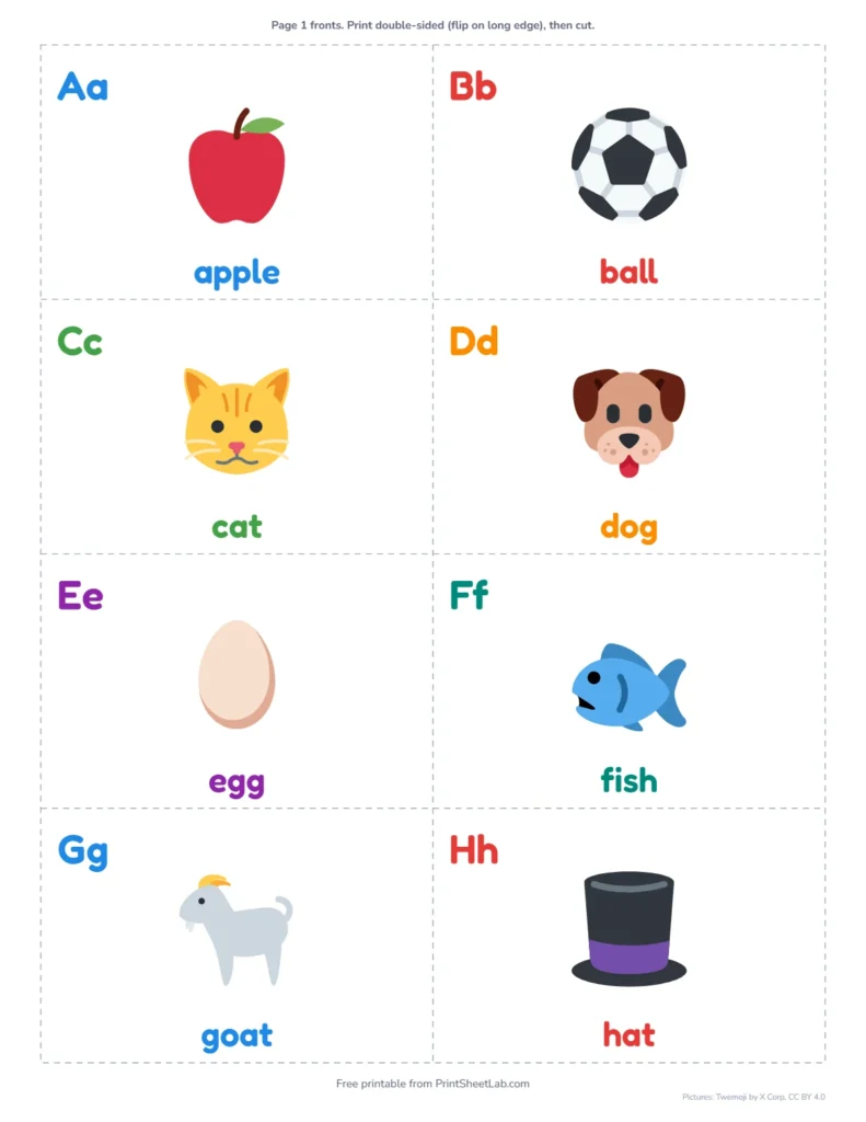 Printable alphabet flash cards with pictures made with the free flash card maker