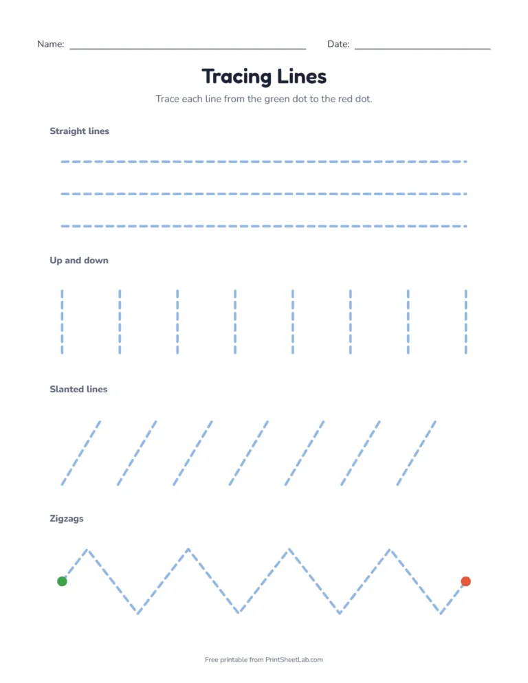 Pre-writing worksheets: straight, slanted and zigzag tracing lines