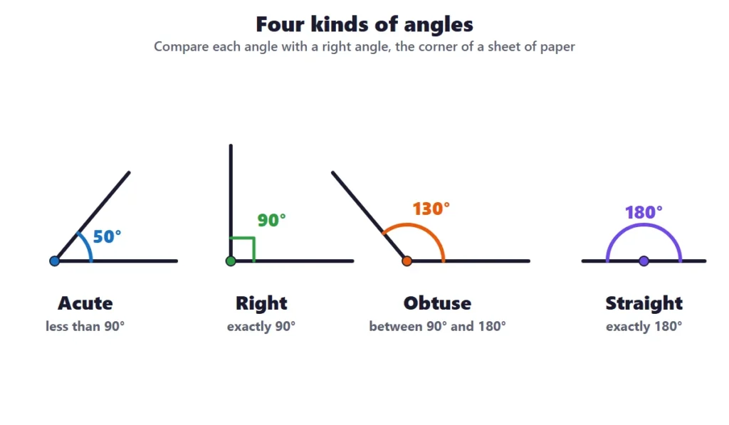 Angles: acute 50 degrees, right 90 degrees, obtuse 130 degrees and straight 180 degrees