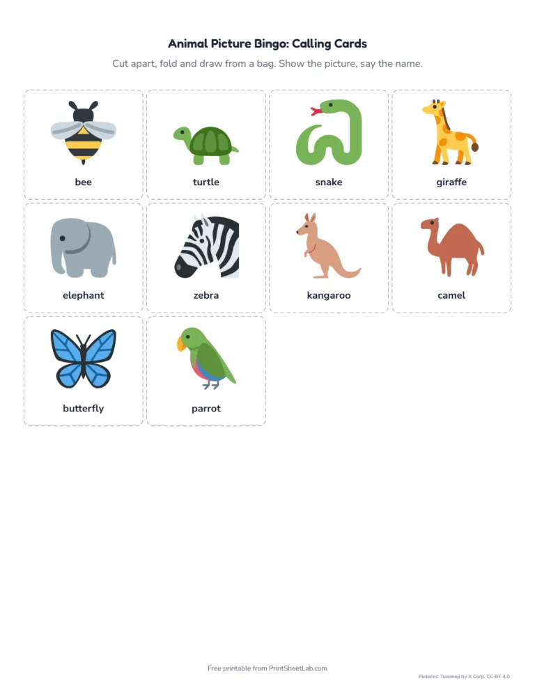 Animal bingo calling cards to cut out and draw from a bag