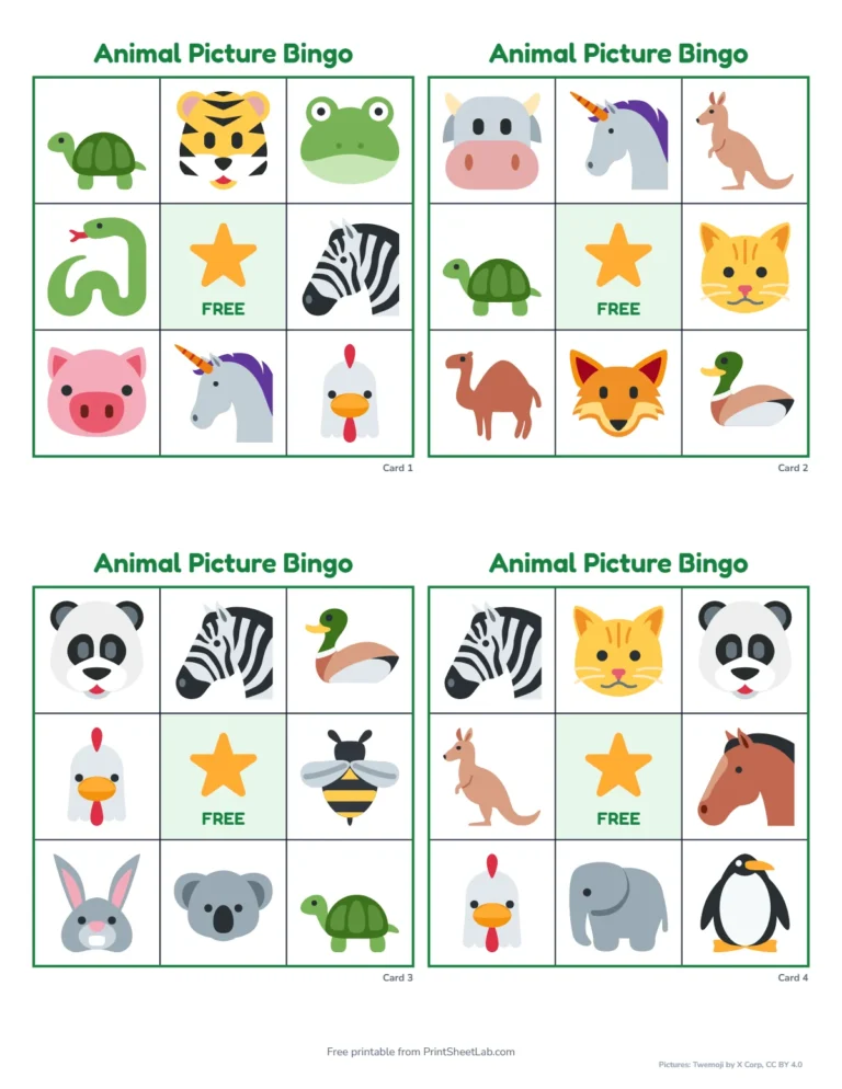 Animal bingo cards for preschool: 3 by 3 picture-only cards with a free star