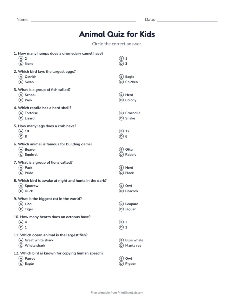 Animal quiz for kids sheet in black and white with 20 questions