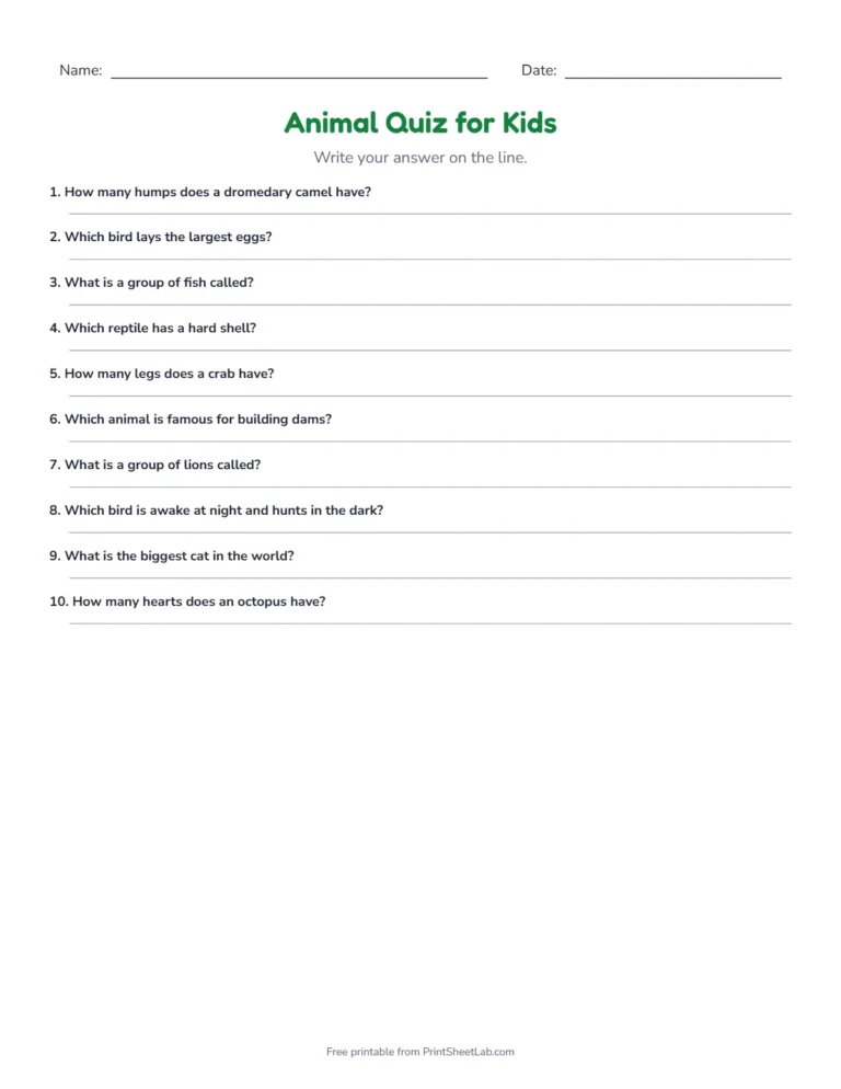Animal quiz for kids write-in sheet with lines for the answers