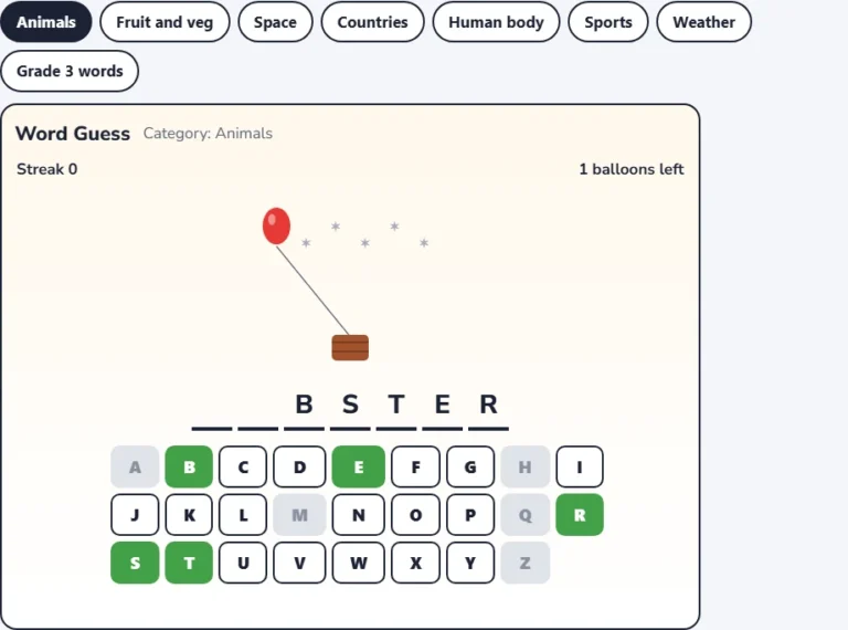 Word guess game for kids: animals hangman in the middle of a round with two balloons popped