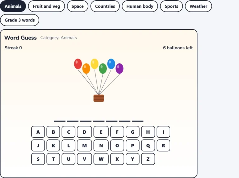 Animals hangman game with a new hidden word, six balloons and the letter keyboard