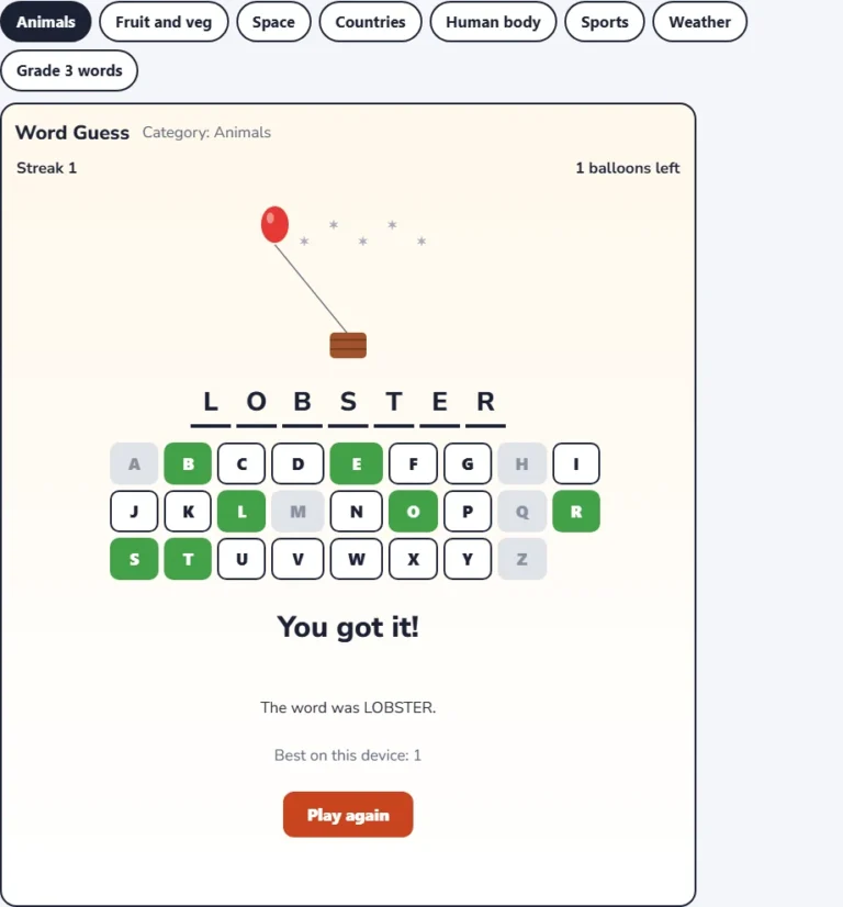 Animals word game win screen showing the guessed word and the streak