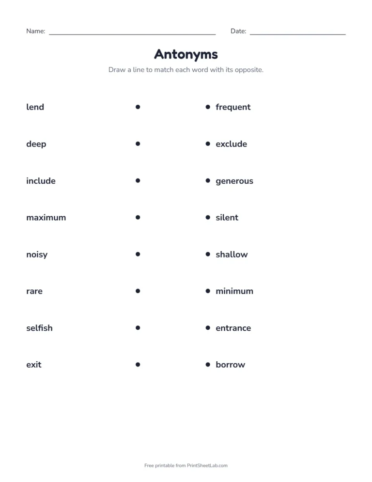 Synonyms and antonyms worksheets: match the antonyms for grades 3 to 5