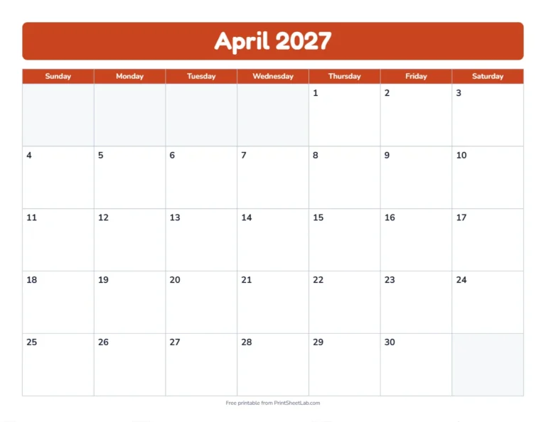 April 2027 calendar in the bold band design with big day boxes