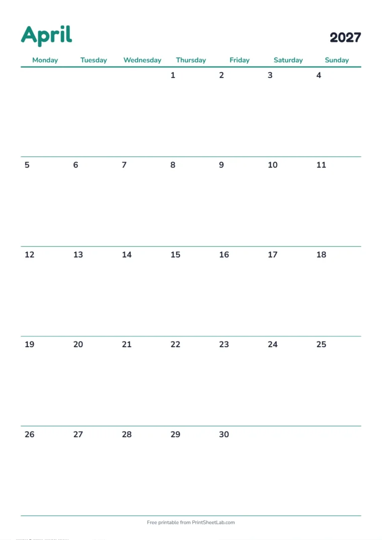 April 2027 calendar with holidays: Monday start on A4 with UK bank holidays