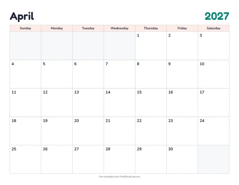 April 2027 calendar printable with US holidays in the classic design