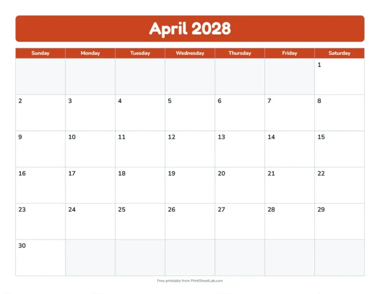 April 2028 calendar in the bold band design with big day boxes